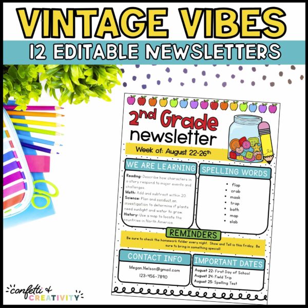 Shows a classroom newsletter with a jar and buttons in the top right with a rainbow color scheme