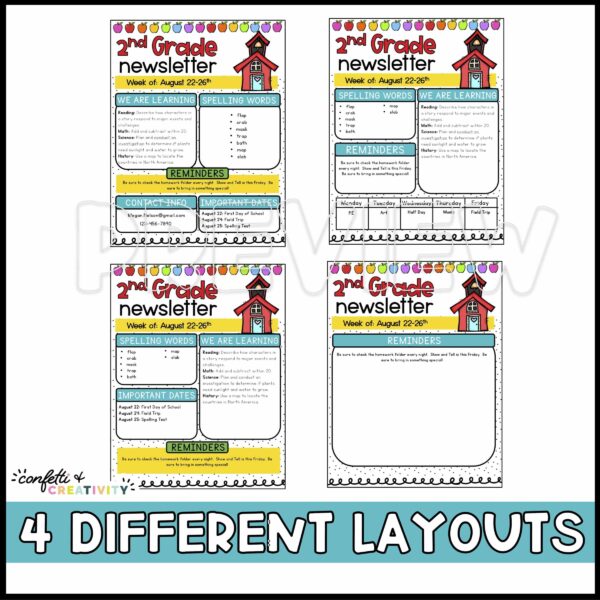 Rainbow Classroom Newsletters - Layout Options Shows all four different layouts for the newsletters