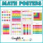 Shows all 8 posters included in the product. Each math poster comes with a rainbow color palette and posters like multiplication table, division tables, and math symbols
