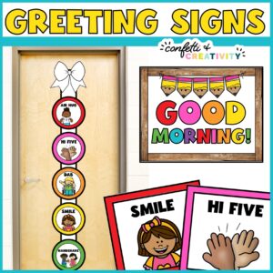 Shows the greeting signs set up on a bow and ribbon on the front of a classroom door. The greeting signs are in a rainbow color