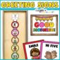 Shows the greeting signs set up on a bow and ribbon on the front of a classroom door. The greeting signs are in a rainbow color