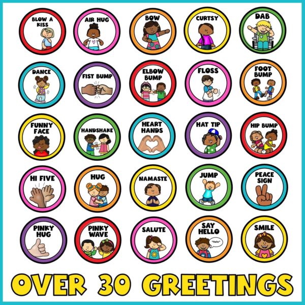 Rainbow Morning Greeting Signs - Example Cards Shows 25 different examples of morning greeting cards that can be used. All cards shown are in the circle desing