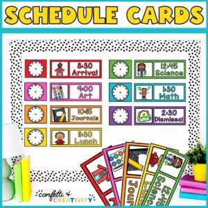 Shows the entire schedule set up on a bulletin board stock photo with black and white polka dotted bulletin board borders