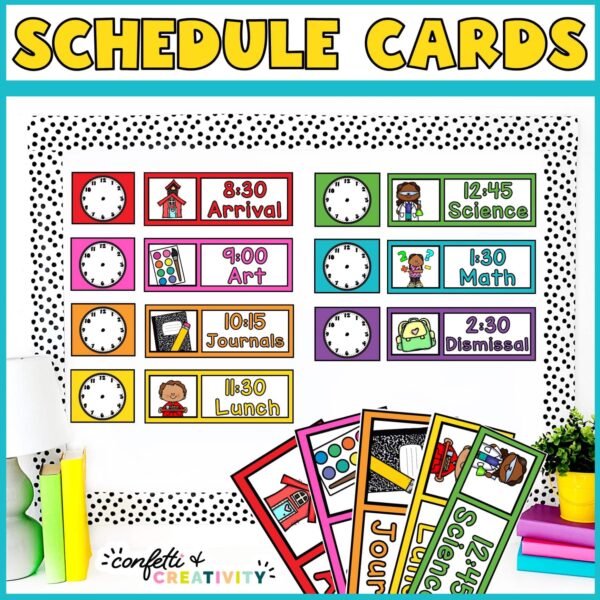 Shows the entire schedule set up on a bulletin board stock photo with black and white polka dotted bulletin board borders