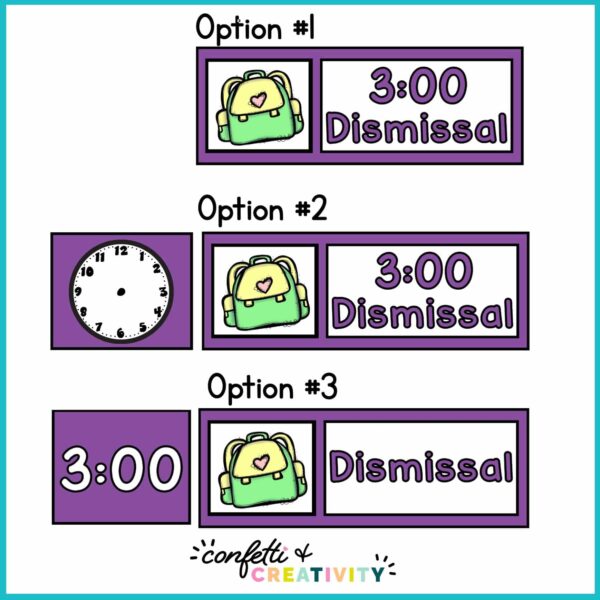 Rainbow Visual Schedule - Set Up Options Shows three different options for how a teacher can set up the visual schedule. Includes clocks, the subject schedule card, as well as clipart options