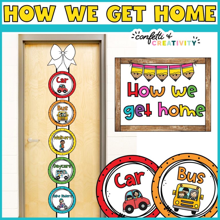 Shows the how we get home set up on a classroom door. The set up has a bow at the top, and each card comes in a rainbow color