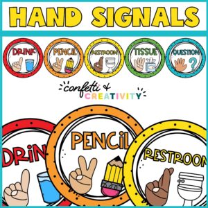 Shows all of the classroom hand signals with a rainbow color scheme