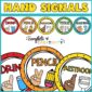 Shows all of the classroom hand signals with a rainbow color scheme