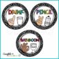 Shows multiple classroom hand signal options with both the hand signal and the corresponding clipart. The text is in rainbow colors