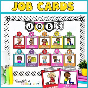 Shows the entire classroom job set on a bulletin board. The bulletin board has black and white bulletin board borders