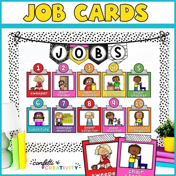 Shows the entire classroom job set on a bulletin board. The bulletin board has black and white bulletin board borders