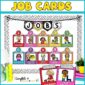 Shows the entire classroom job set on a bulletin board. The bulletin board has black and white bulletin board borders