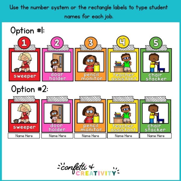 Vintage Vibes Classroom Jobs 2 Shows multiple ways to set up the numbering and student name systems