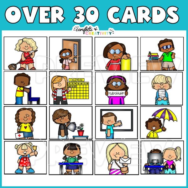Vintage Vibes Classroom Jobs 3 Over 16 cards shown with the text "over 30 cards" at the top of the image