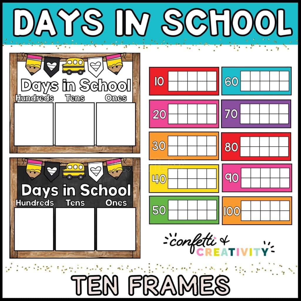 Shows the entire days in school tally set up. Includes ten frames as well as a page to write how many days in school have passed