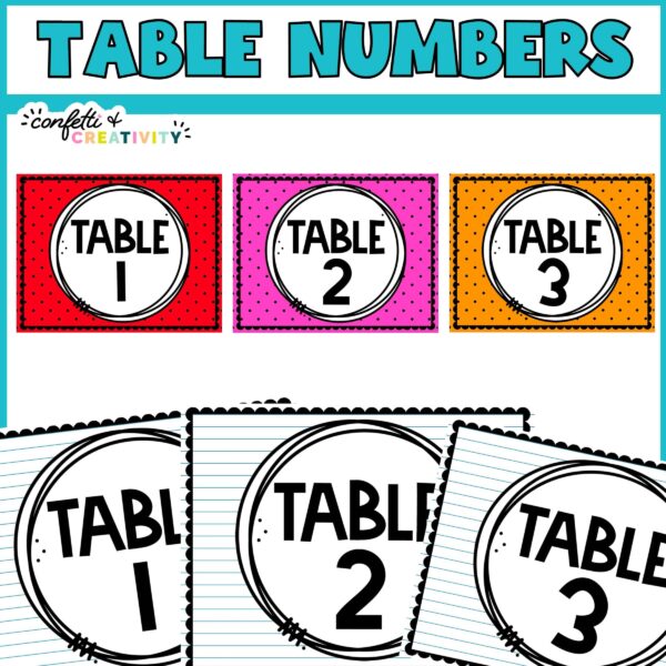 Shows multiple table numbers in two different designs