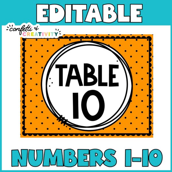 Vintage Vibes Table Number Preview 2 Shows table number ten with an orange background with the text "editable" at the top of the image