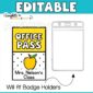 Shows a smaller hall pass next to the plastic part of a lanyard showing that the hall pass is small enough to fit in a lanyard carrier