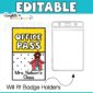 Shows a smaller hall pass next to the plastic part of a lanyard showing that the hall pass is small enough to fit in a lanyard carrier