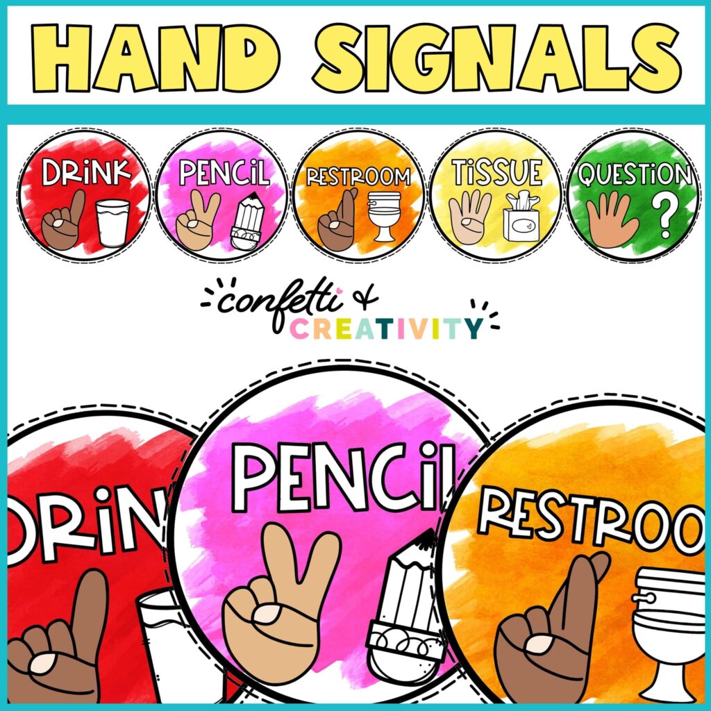 Shows an entire set of the watercolor hand signals
