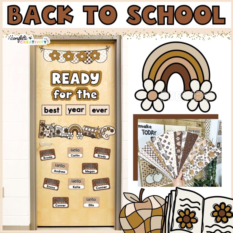 Shows the neutral colored back to school door decor with close up pictures of the clipart. The entire door decor set is placed on top of a stock photo of a door