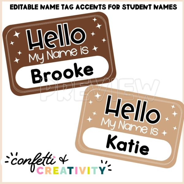 Back to School Door Decor - Student Names Shows student name tags in neutral colors. Each name tag can be added to the door, the examples show "Hello My Name is Brooke"