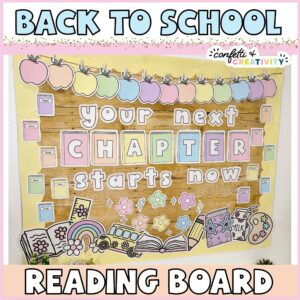 Shows text "Back to School" in blue letters on top of a picture of a reading bulletin board that says "Your Next Chapter Starts Now" in pastel colors