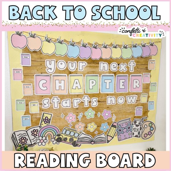 Shows text "Back to School" in blue letters on top of a picture of a reading bulletin board that says "Your Next Chapter Starts Now" in pastel colors
