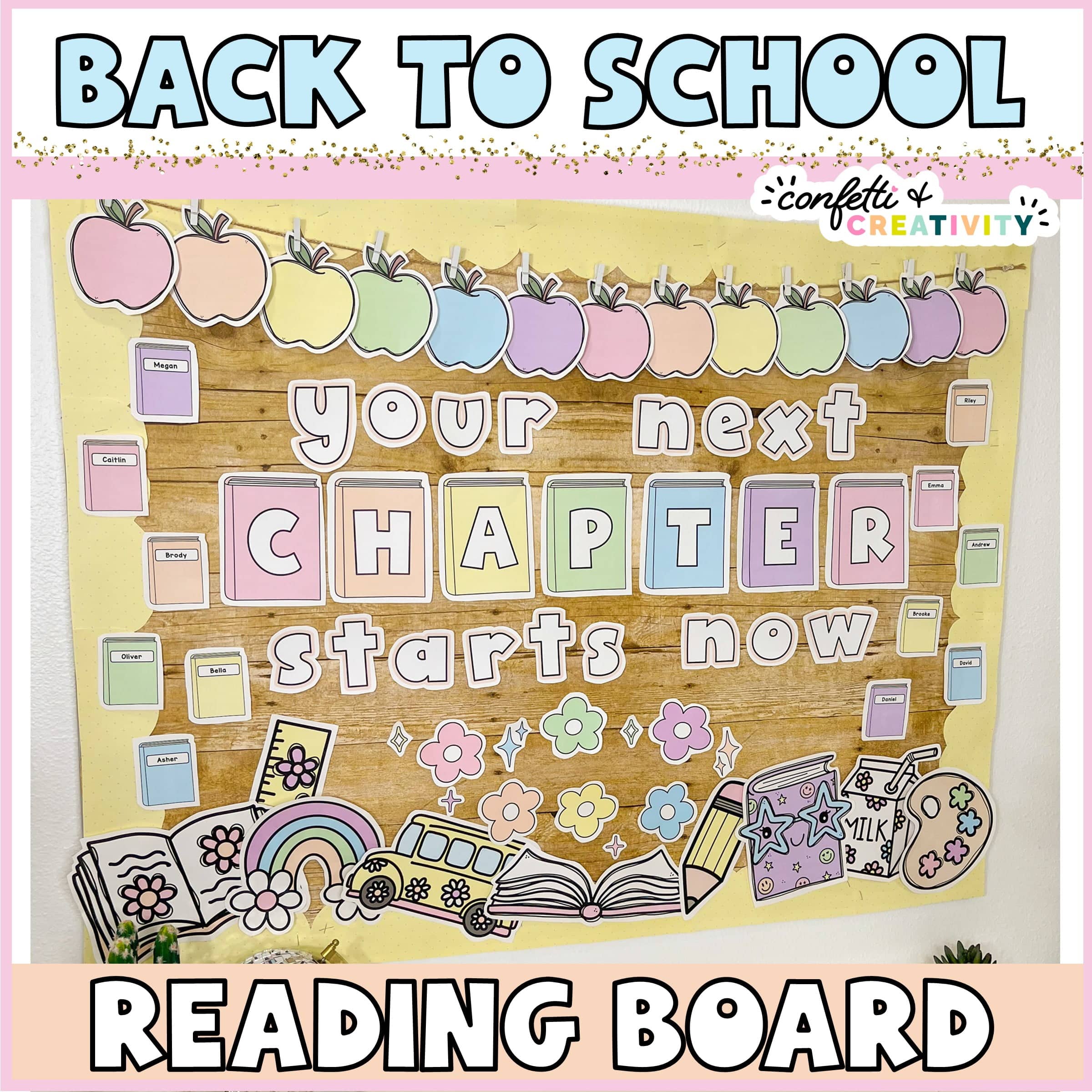 Shows text "Back to School" in blue letters on top of a picture of a reading bulletin board that says "Your Next Chapter Starts Now" in pastel colors