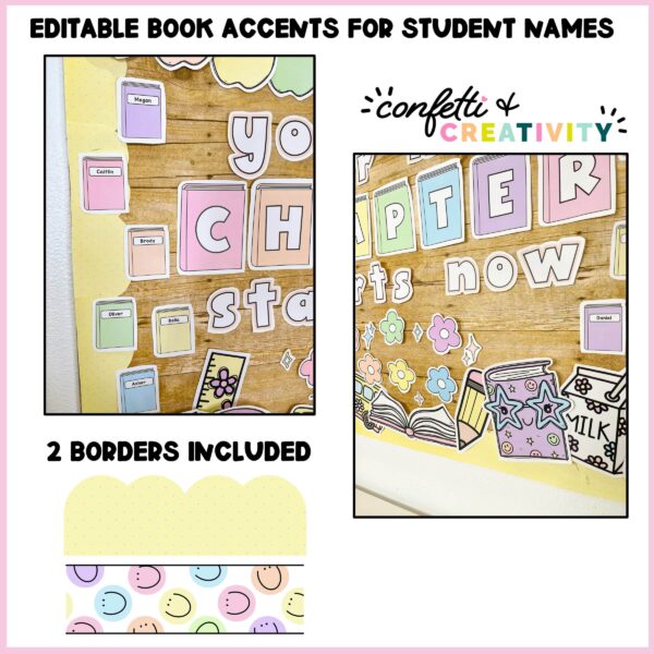 Back to School Bulletin Board - Clipart Close Up Shows a close up of the options to add student names on the board as well as the cute reading clipart
