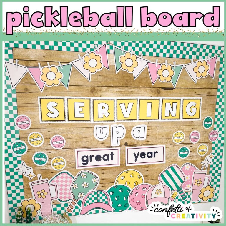 Shows the entire back to school bulletin board setup with the the text "Serving up a Great Year"