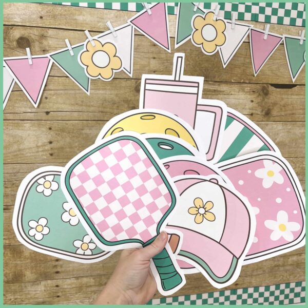 Back to School Bulletin Board - Clipart Shows a close up of the pickleball clipart fanned out in front of the bulletin board