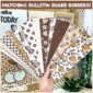 Shows many fanned out neutral colored printable bulletin board borders that come with the bulletin board