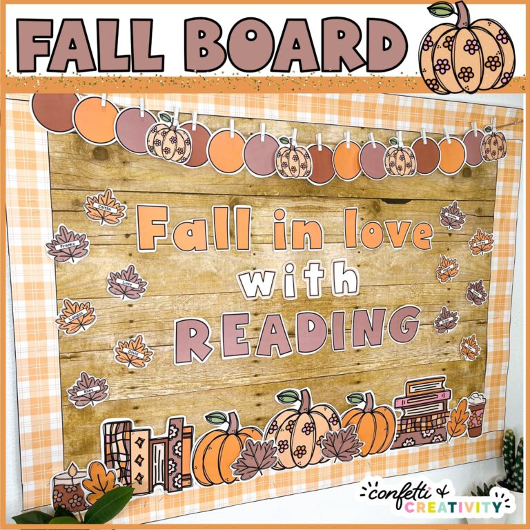 Shows text "Fall Board" at the top of the image with a picture of the full reading bulletin board set up