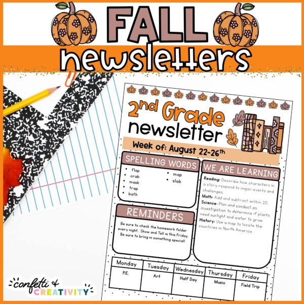Shows an example Fall newsletter on a stock photo of a table