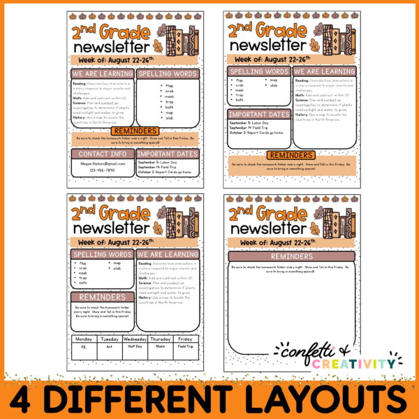 Fall Classroom Newsletter - Layout Options Shows all four layout options for the newsletters