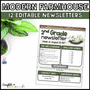 Shows the Farmhouse Classroom Newsletter filled out on a stock photo of a table