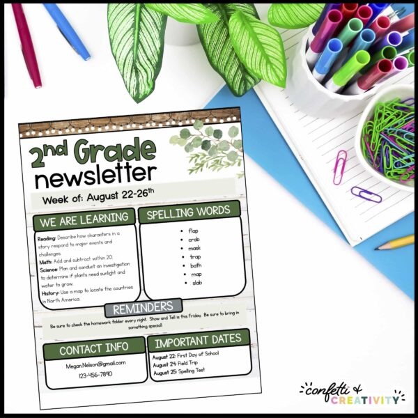 Farmhouse Classroom Newsletter - Stock Photo Shows an alternative classroom newsletter option on a stock photo of a decorated table