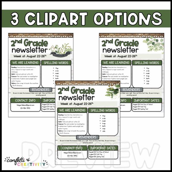 Farmhouse Classroom Newsletters - Clipart Options Shows the three different clipart options for the Farmhouse Newsletters