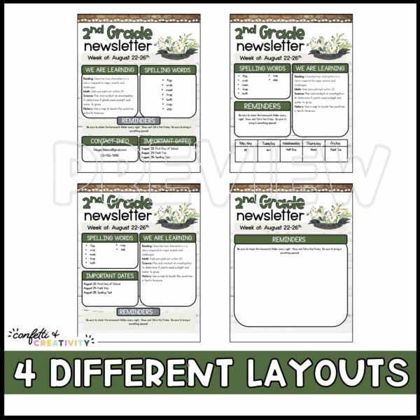 Farmhouse Classroom Newsletters - Layout Options Shows the four different layout options for the newsletters