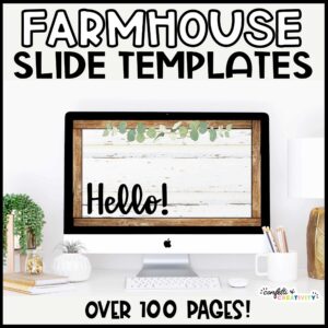 Shows the first slide with the text "Farmhouse Google Slides" text at the top of the image