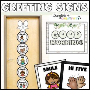 Shows what the Greeting Signs look like set up on a ribbon on a stock photo of a classroom door