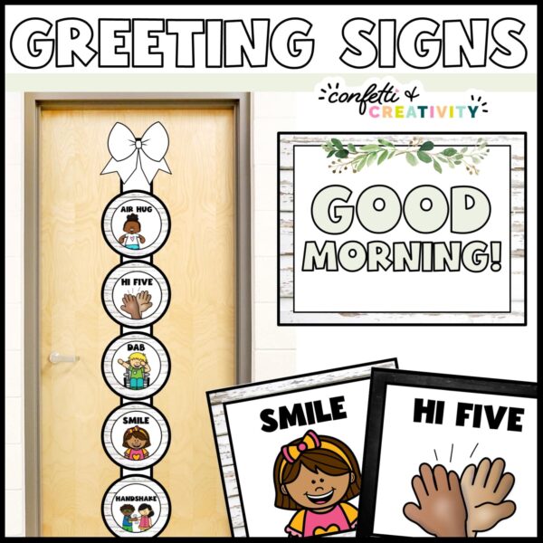 Shows what the Greeting Signs look like set up on a ribbon on a stock photo of a classroom door