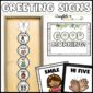 Shows what the Greeting Signs look like set up on a ribbon on a stock photo of a classroom door