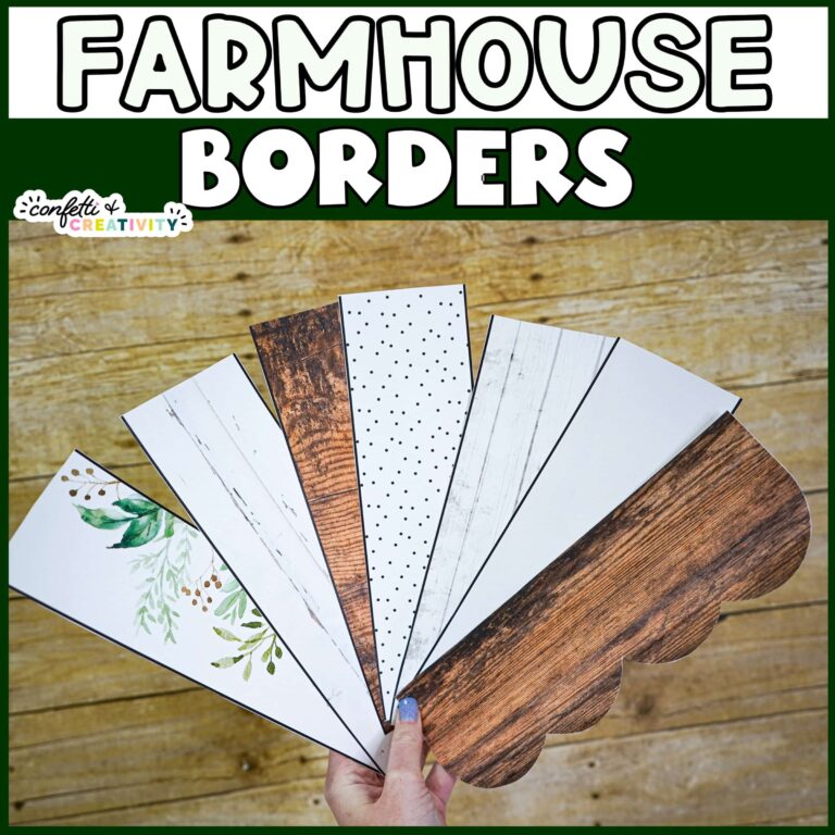Shows bulletin board borders fanned out with "Farmhouse Bulletin Board Borders" text at the top of the image