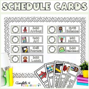 Shows the visual schedule on a stock photo of a bulletin board
