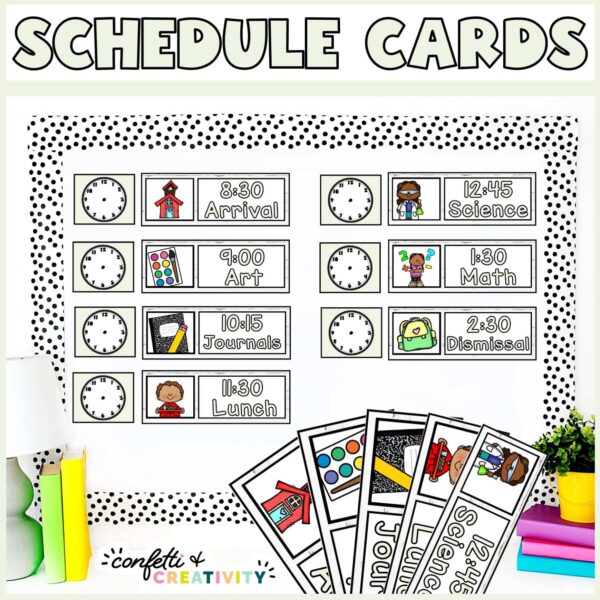 Shows the visual schedule on a stock photo of a bulletin board