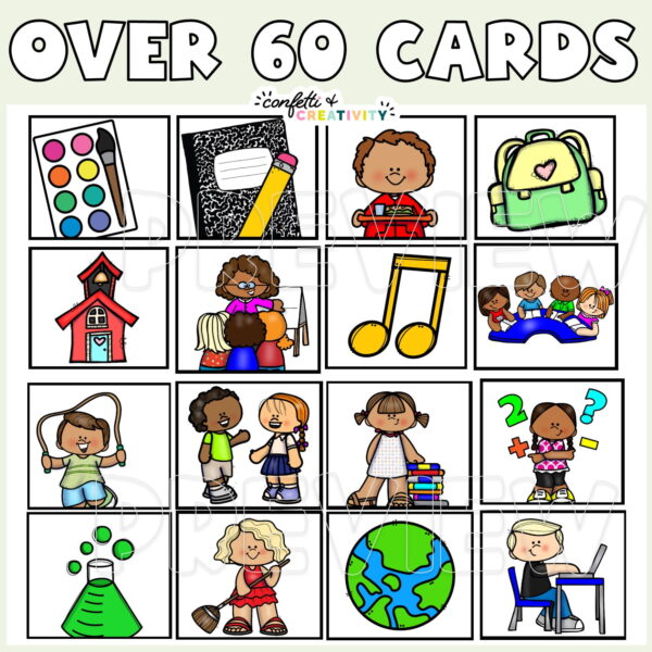 Farmhouse Visual Schedule - Example Cards Shows 12 example cards with the text "Over 60 cards" at the top of the image