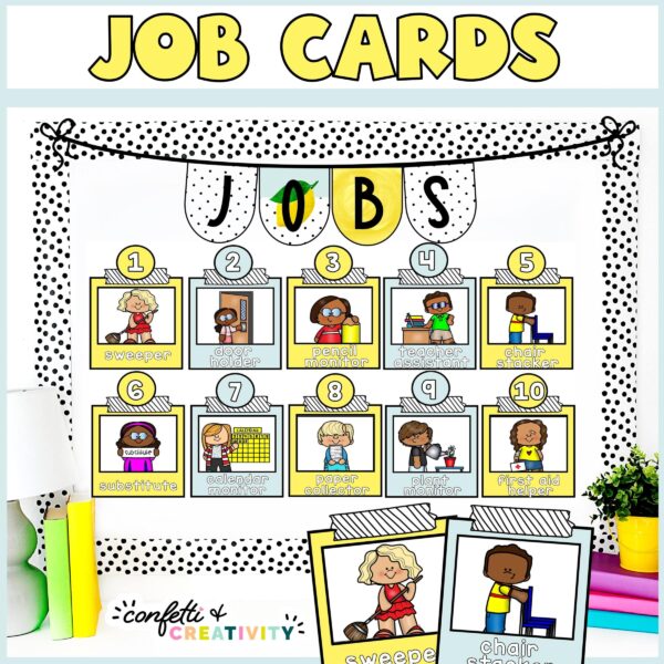 Shows the visual classroom job cards on a stock photo bulletin board