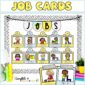 Shows the visual classroom job cards on a stock photo bulletin board